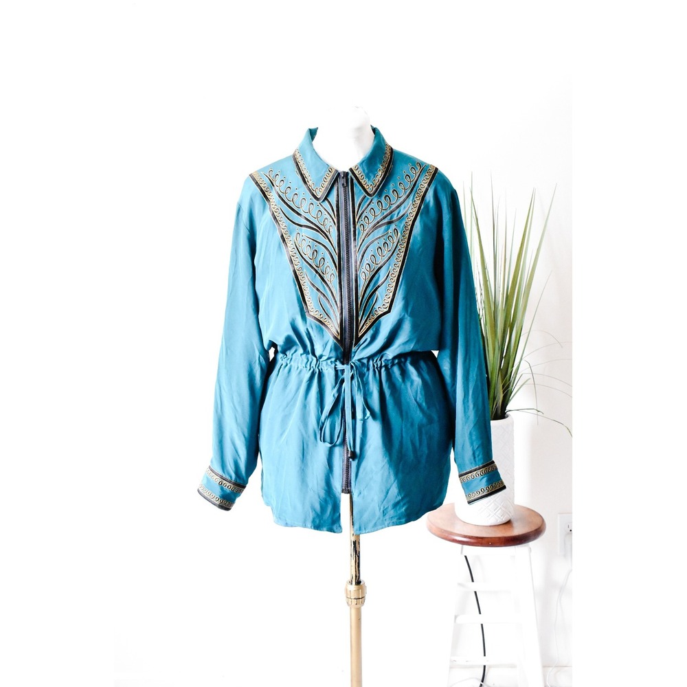 Bob Mackie Silk Jacket Women Large Teal Blue 80s Vintage Embroidered Zip Up